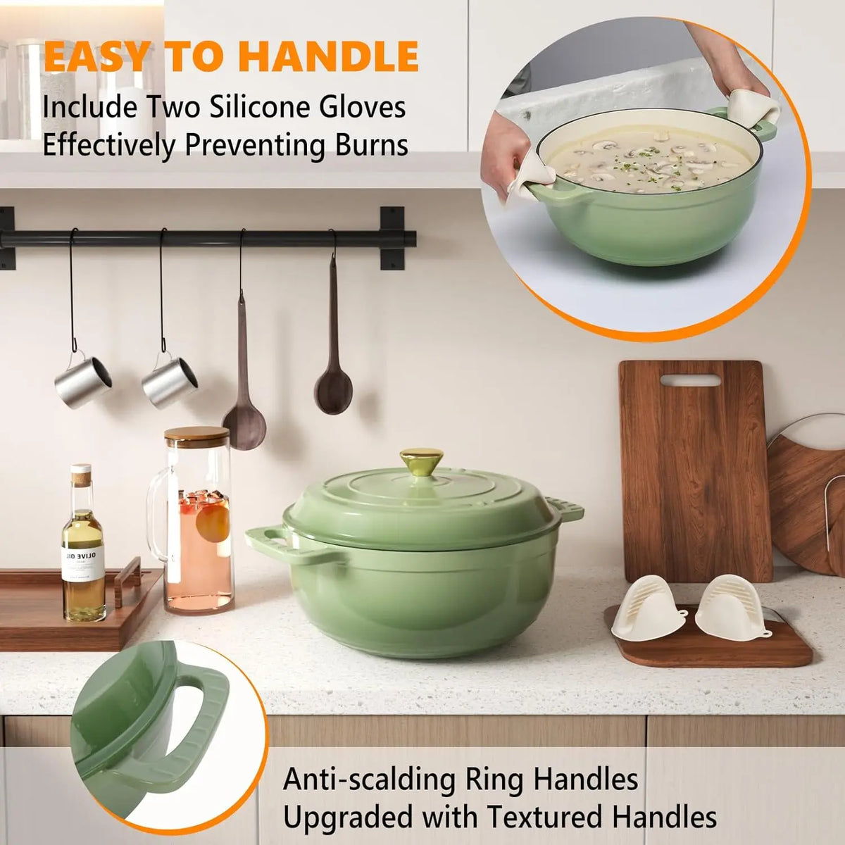 Enameled Cast Iron Round Dutch Oven, 5/6/7.5QT Pot with Lid &Dual Handles with Silicone Gloves,Oven Safe up to 500°F.