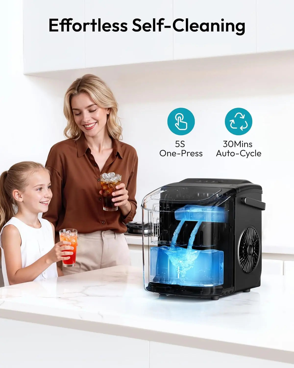 Self-Cleaning Portable Ice Maker, Produces 9 Ice Cubes in 6 Mins, 26 Lbs Ice Per 24 Hours, Ideal for Home, Kitchen, Camping & RV Use