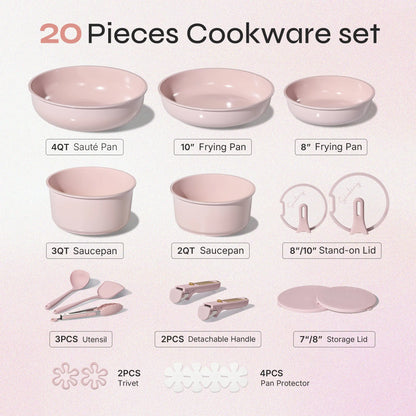 20Pcs Ceramic Cookware Set Stand-Up Lid with Detachable Handle Set, Non Stick Pots and Pans Set Non Toxic, PFAS Free