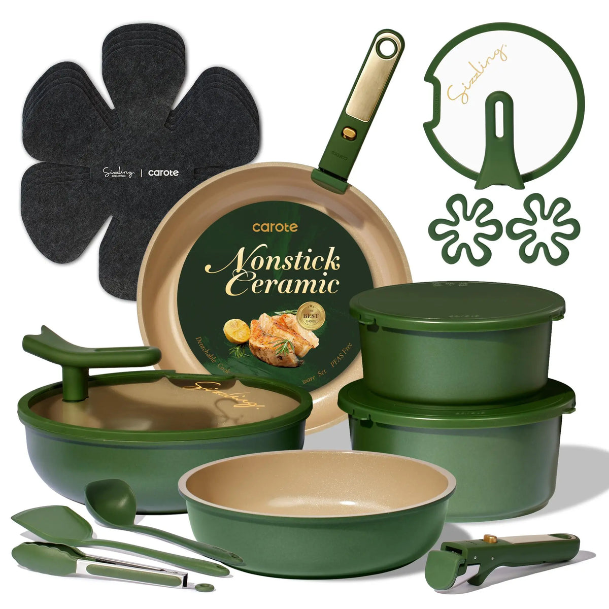 20Pcs Ceramic Cookware Set Stand-Up Lid with Detachable Handle Set, Non Stick Pots and Pans Set Non Toxic, PFAS Free